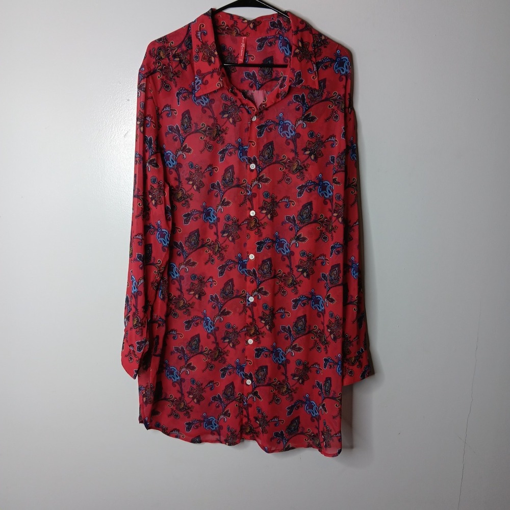 Ruby Ribbon Tunic Shirt Women Plus Size 2XL Red Paisley Floral Sheer Long Sleeve